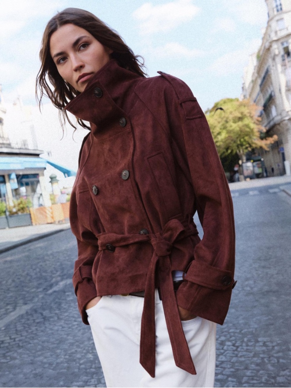 Zara Burgundy Faux Suede Belted Funnel Neck Jacket NWT M